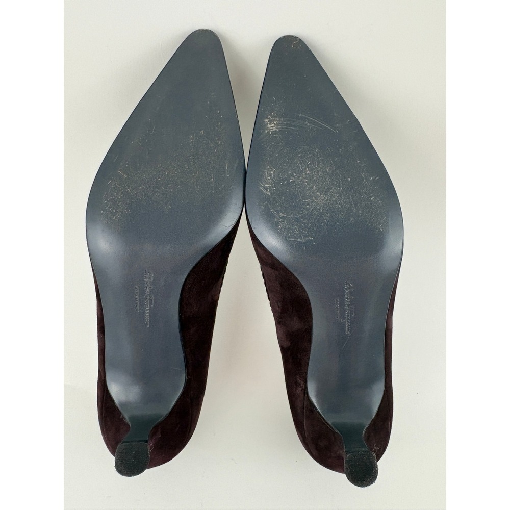 Salvatore Ferragamo Brown Suede Court Shoes Size 7B Pointed Toe Leather Piping - Picture 8 of 11